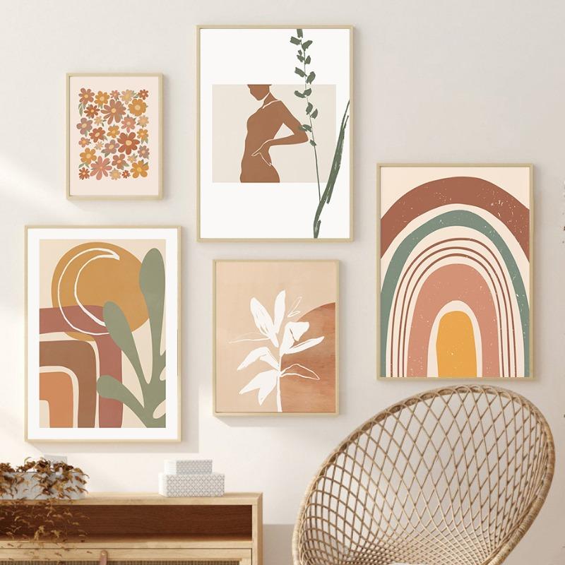 Boho Minimalist Sun Rainbow Flower Leaves Wall Art Canvas Painting Abstract Nordic Posters Prints Pictures For Living Room Decor