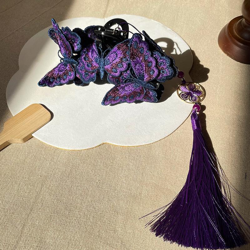 

New Chinese Style Kniting Butterfly Hair Claws Women s Purple Long Flower Tassel Shark Grab Clips Vintage Hanfu Headpiece