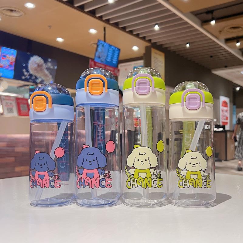 Water bottle summer simple plastic cup cartoon puppy large capacity easy cup cute portable student straw cup Internet celebrity girl