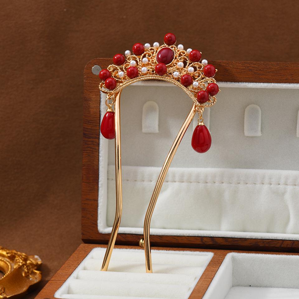 

Retro Red Bead Phoenix Crown Hairpin: Chinese New Year Tassel Hanfu Hair Accessory