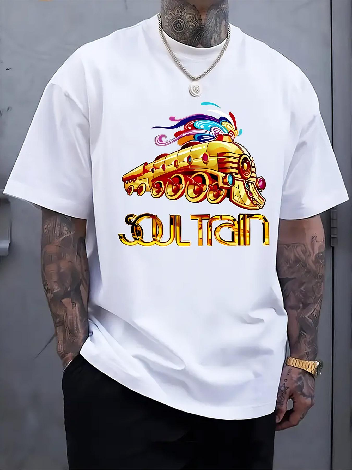 Soul Train Graphic T-shirt - Vibrant Yellow Short Sleeve Crewneck with Colorful Train Design XXL