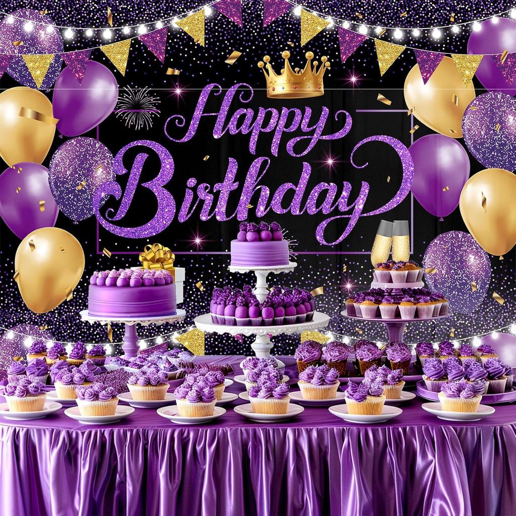 Purple Gold Birthday Banner Happy Birthay Party Decorations for Women, Large Happy Birthday Backdrop Banner Sign, Black Purple Birthday Party Decor
