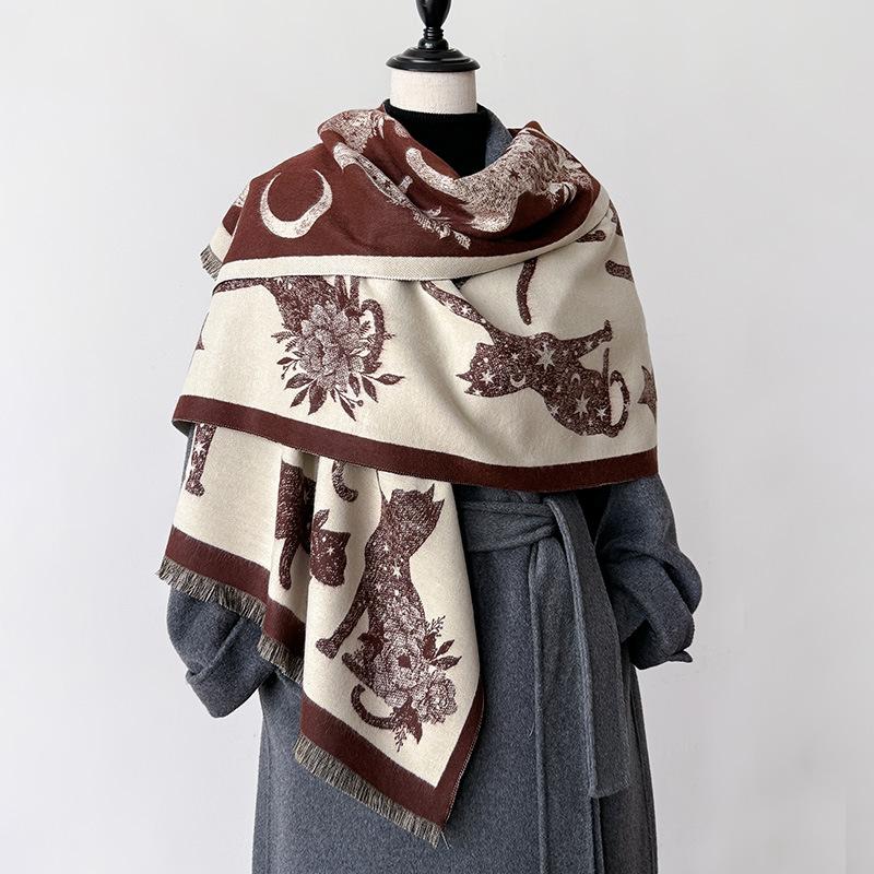 Autumn And Winter, Japan And Korea, Cat Silhouette Printing, Natural Starry Sky Mystery, Double-Sided Women'S Imitation Cashmere Thermal Scarf