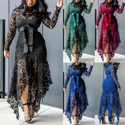 Women Long Sleeve Bow Belted Irregular Hem Hollow Lace Sexy Bodycon Long