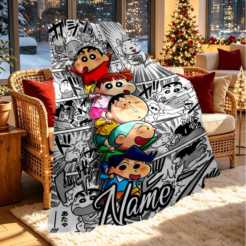 Custom Name Personalized Crayon Shin Print Blanket, Home Decor, Bedroom, Sofa, Camping, Couch, Gifts for Birthday ChristmasEnthusiasts