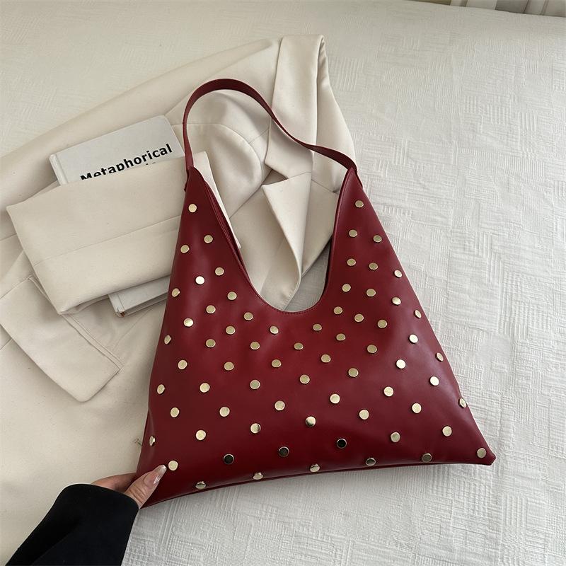 

Comfortable Top Handle Bag Versatile Texture Shoulder Bag Fashi PU Studded Tote Large Capacity Simple Commuting Bag for Women червоний
