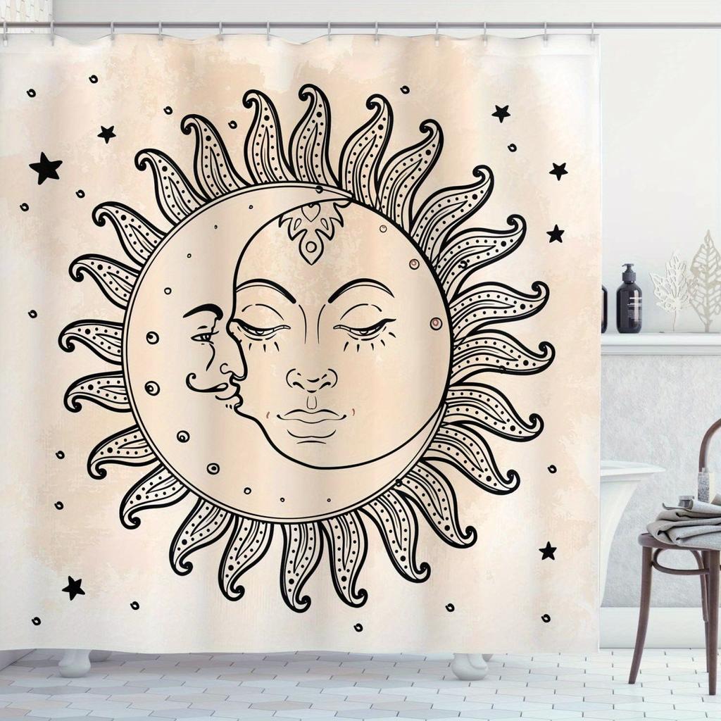 Celestial Sun & Moon Shower Curtain - Black & White Illustration with Stars, Durable Polyester with Hooks