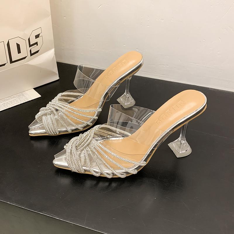 2025 new wine glass and rhinestone celebrity summer fairy style banquet sandals transparent sandals women's high heels pointed
