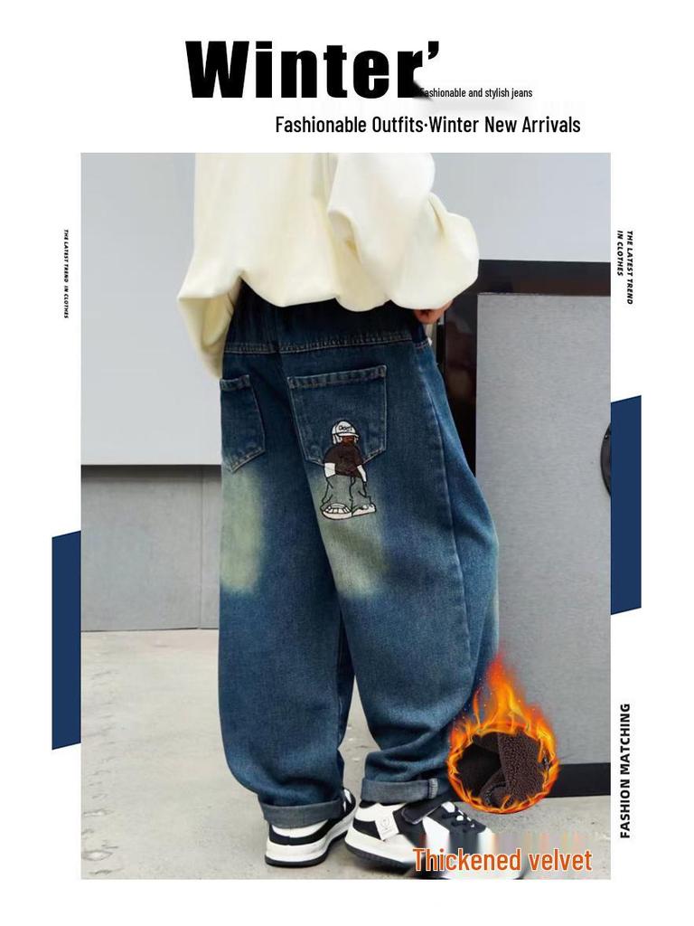 2025 New Boys' Fleece-Lined Straight-Leg Jeans - Warm, Loose, Casual Pants for Medium and Large Children
