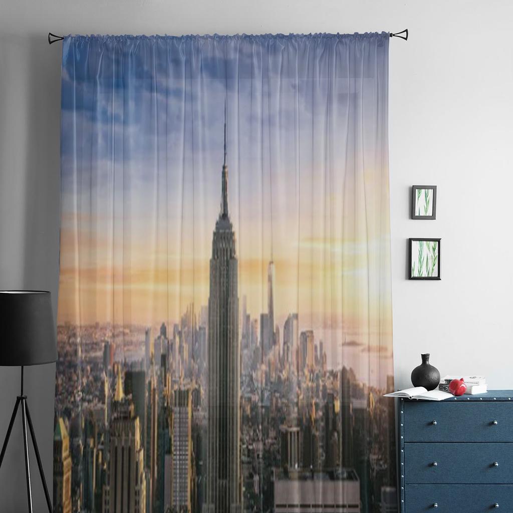 New York City Skyline Med Urbana Skyskrapor Vid Solnedgång USA Skira Gardiner för Vardagsrum Sovrum Fönster Voiler Tyllgardin