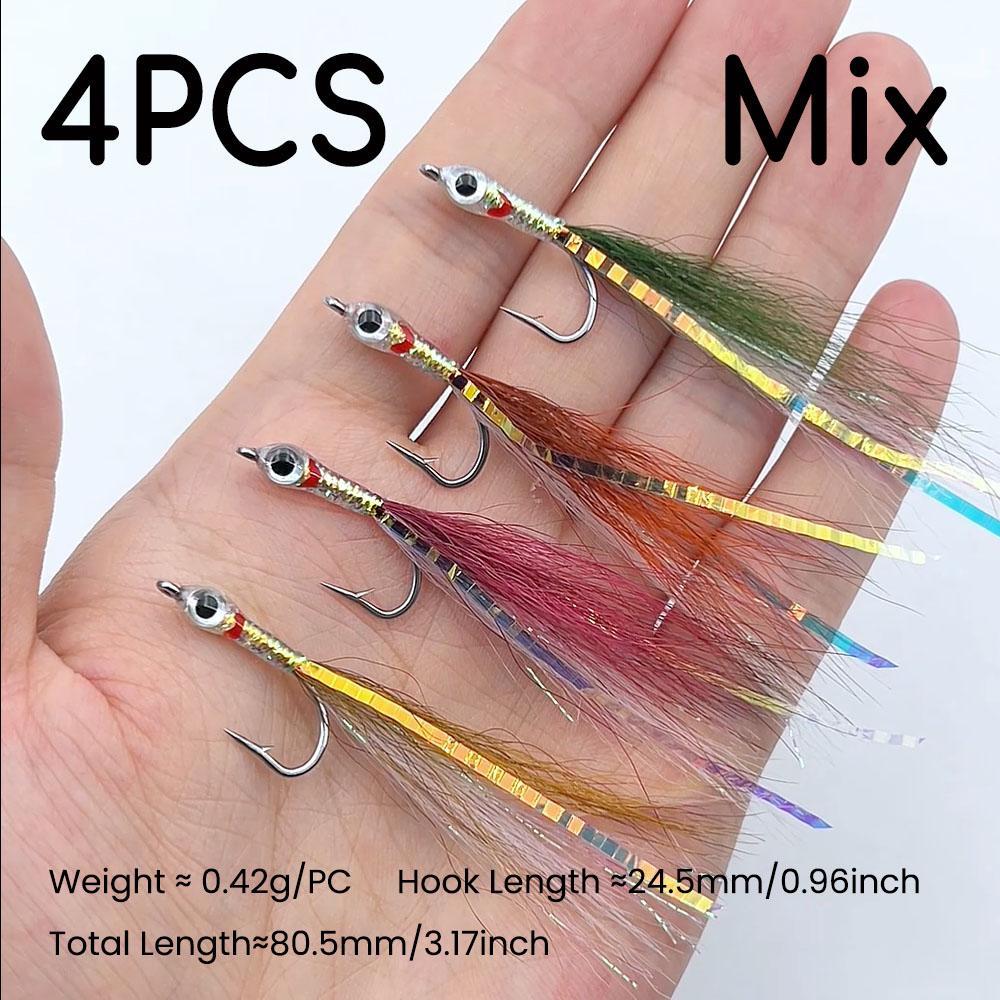 4pcs Surf Candy Sand Eel Streamer Flies,Realistic 3D Eyes Freshwater Saltwater Fly Fishing Lures for Sea Trout Pike Bass Anglers