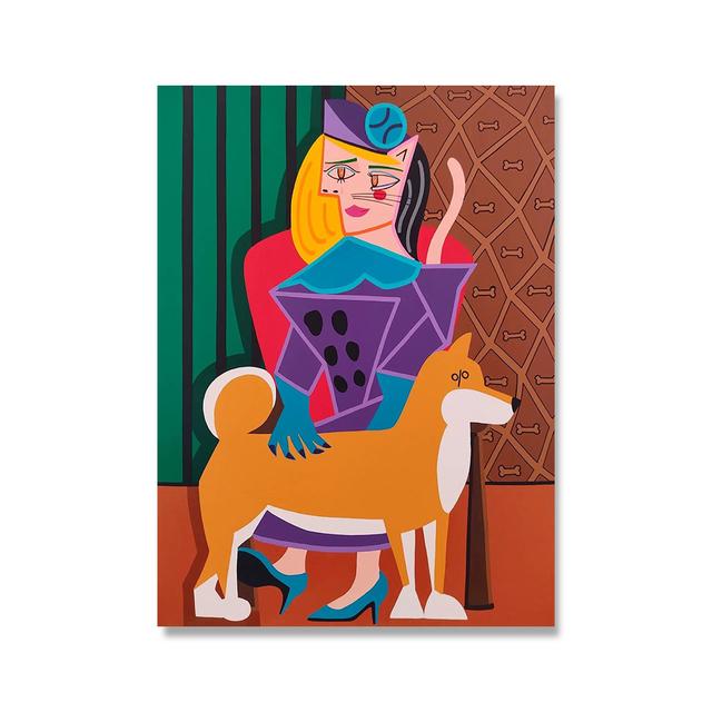 Solid Wood Frame Cartoon Cute Cat Lady with Dog Poster And Prints Animal Canvas Painting Abstract Wall Picture For Living Room Bedroom Home Decor