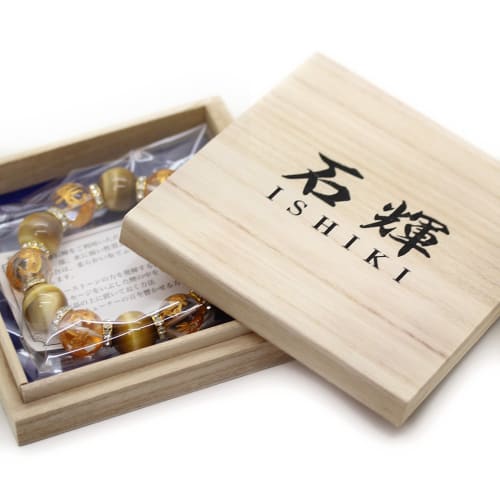 Ishiki Golden Tiger Eye 16mm Four Gods Crystal Bracelet for Men, Paulownia Wood Box Included, B062