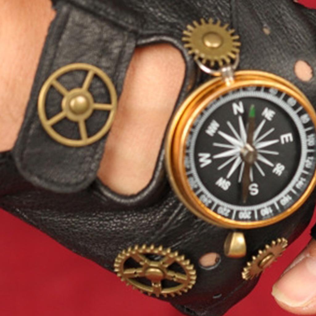 Steampunk Half Finger Leather Gloves with Gear Decor and Compass Design Retro Mechanical Style for Cosplay Riding