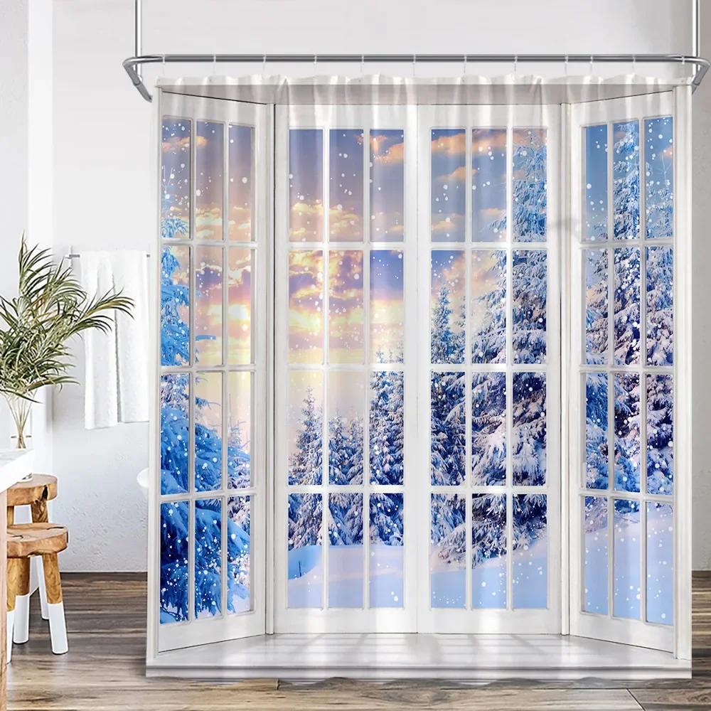 

Зимний лесной пейзаж Занавеска для душа Снежное окно Снаружи Природа Пейзаж Снежная сосна Декор для ванной комнаты Полиэстеровая занавеска для ванны 150x180cm-60x70in