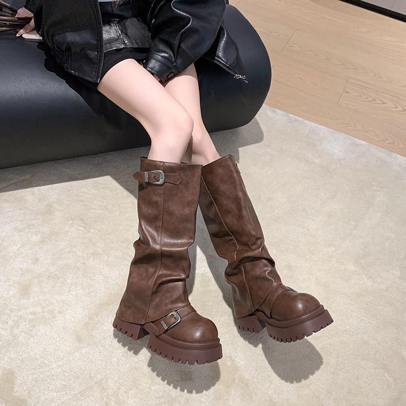 But Knee Boots Women's 2025 Thick-soled Heightening Western Boots Big Head Pant Tube Boots Stacked Knight Boots Tall Martin Boots