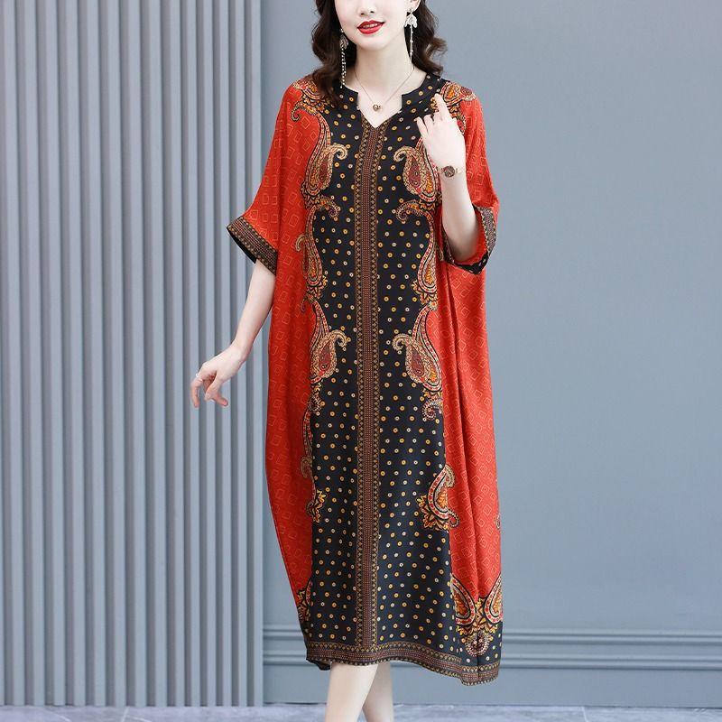 Folk Paisley Printed Long Dress Spliced Women's Casual V-Neck Summer Short Sleeve Vintage A-Line Loose Dresses
