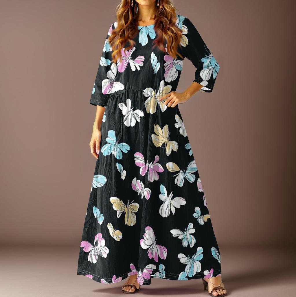 Women's Casual Fashion Vintage Floral Print Three-quarter Sleeve Long Dress With Pockets