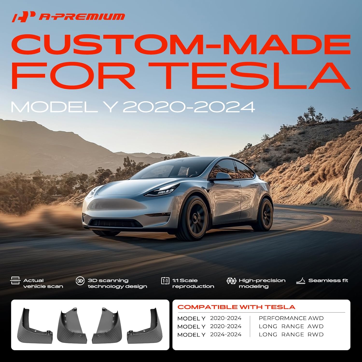 

Брызговики для Tesla Model Y 2020-2025, Передние и Задние, Черные, Комплект из 4 штук United States