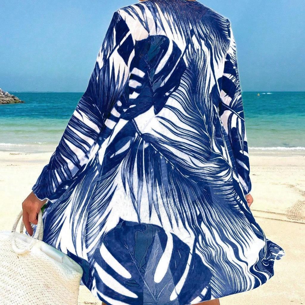 Fashionable Printed Drawstring Top Long Sleeve Mesh Cover Up And Bikinis 3 Piece Beach And Vacation Swimwear Set