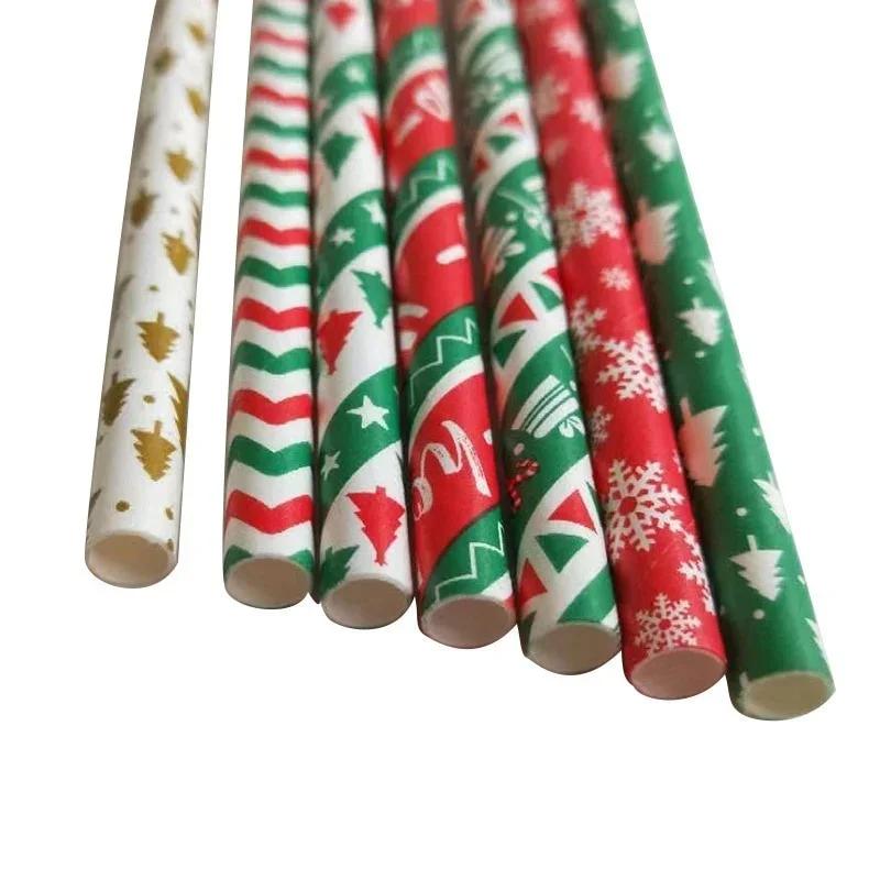 25pcs Disposable Christmas Paper Straws Snowflake Xmas Tree Drinking Straw Merry Christmas Decorations New Year Party Decoration
