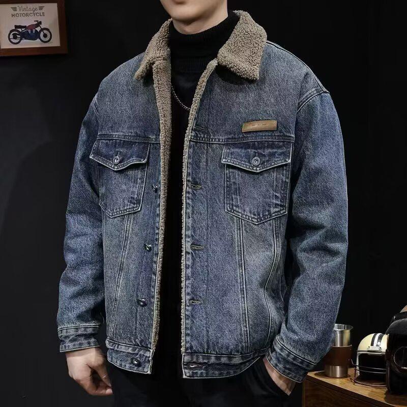 Men's 2024 Winter Warm Denim Jacket - Lambswool Lapel, Cotton, Thick Workwear Outerwear