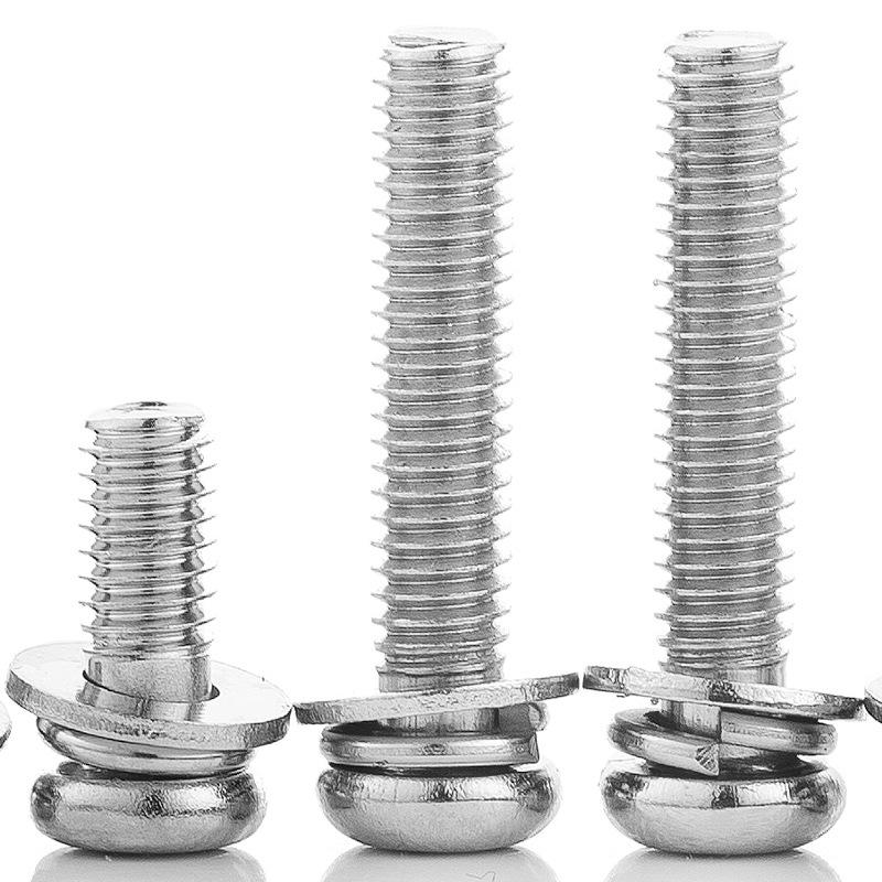 304 Stainless Steel Three-Combination Screw with Round & Cross Pan Head, Flat & Spring Washer - M2/M3/M4