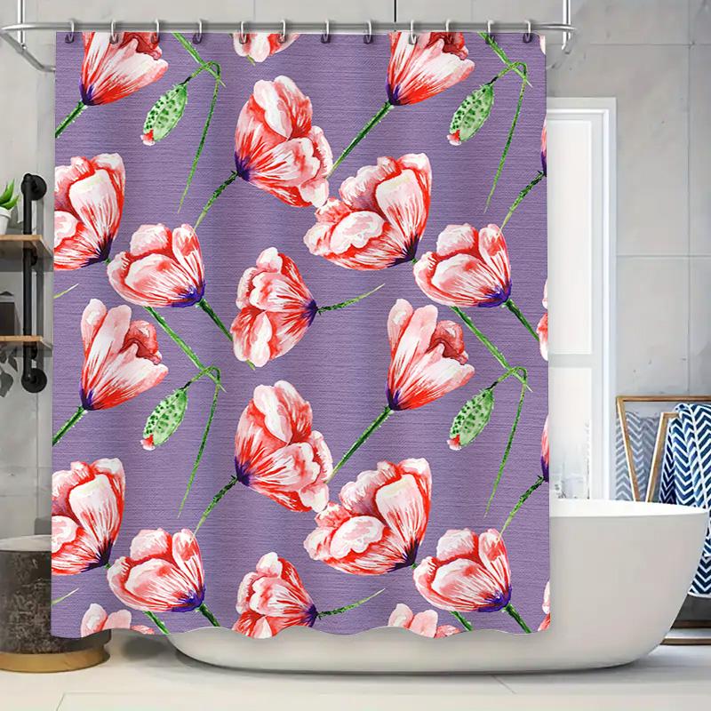 

Purple Floral Shower Curtain Set Peony Print Watercolor Bathing Room Decor 3D Printed Polyester Fabric Hanging Liner with Hook R 90x180cm