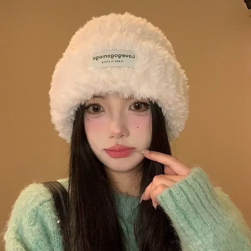 White Plush Hat for Women in Winter Thickened Woolen Hat  Large Head Circumference Warm Knitted Hat  Windproof Pullover  Cold Hat Slimming