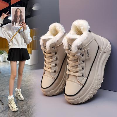 2024 Winter Plush High-top Shoes Womens Leather Women Sneakers Keep Warm Vulcanized Platform Shoes Fashion Casualot Women