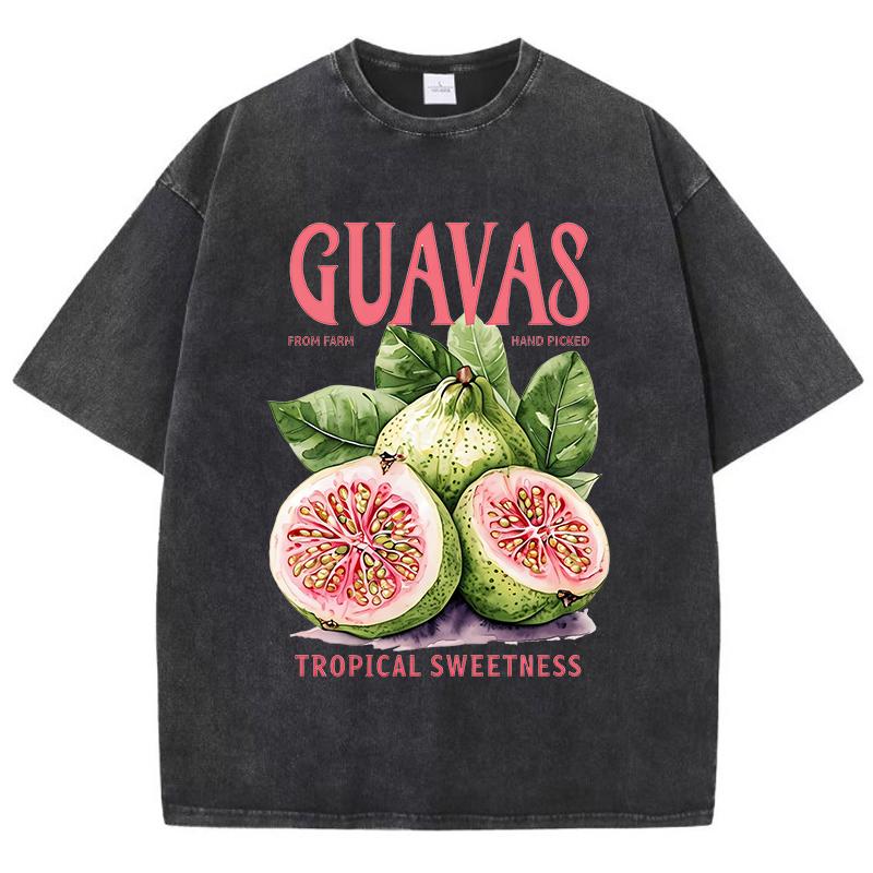 Guavas Tropical Sweetness Printed Washed T Shirts Womens Cotton Tops Comfortable Distressed ONeck Streetwear Summer Clothes