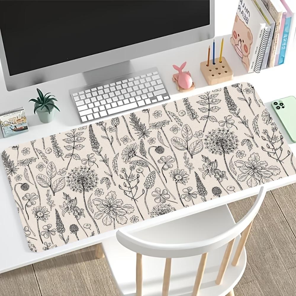 Botanical Line Art Floral Extended Gaming Mouse Pad Non Slip Desk Surface Minimal Vintage Sketch Flower Art Print For Gaming