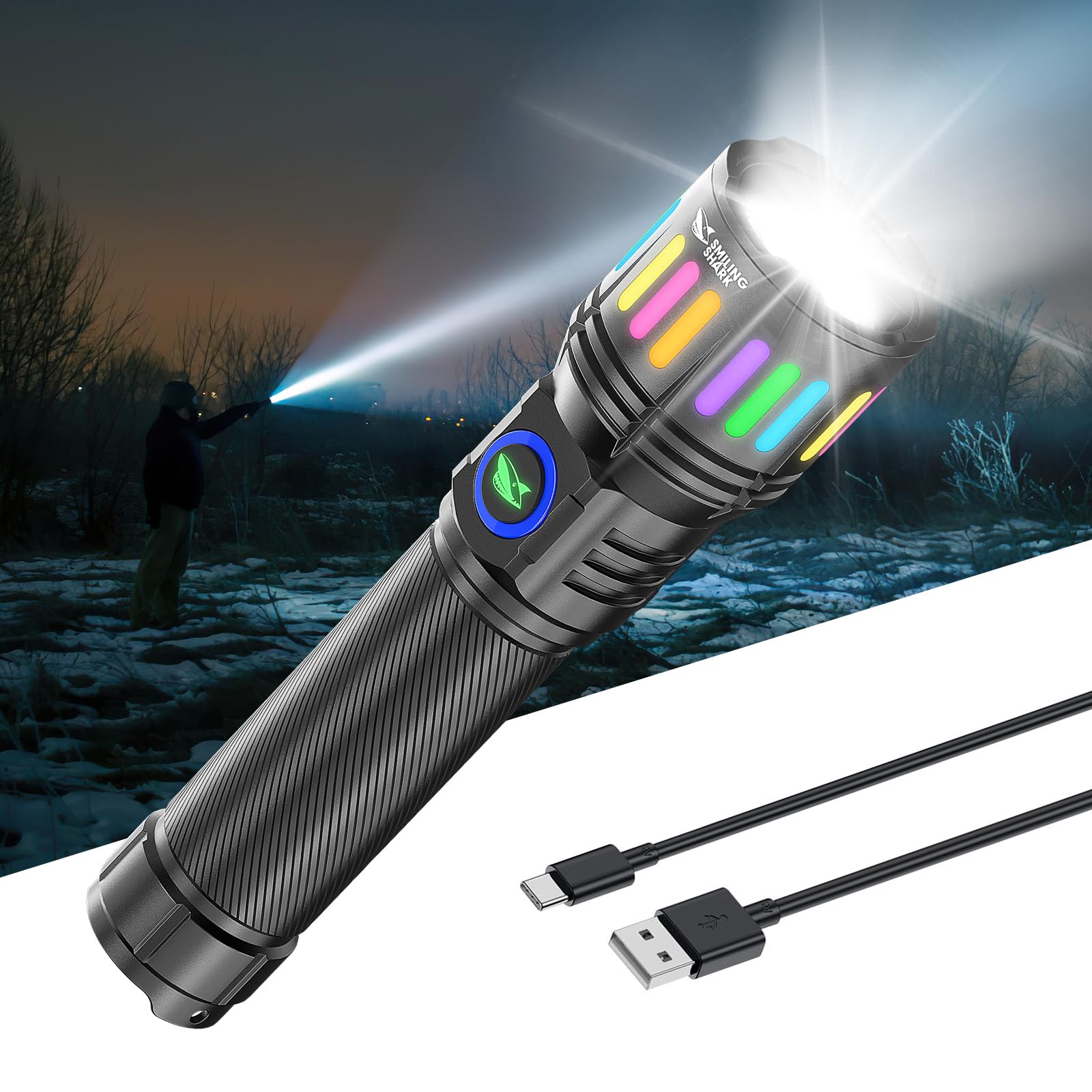 

Smiling Shark M1 Новейший светодиодный ручной фонарик с 4 режимами яркости, люминесцентным индикатором уровня заряда батареи, мощный ручной, светящийся, идеально подходит для питания и при стихийных бедствиях чёрный