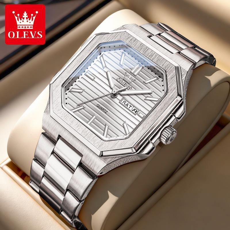 OLEVS Watch Luxury Man Original Square Quartz Watch Stainless Steel Waterproof Luminous Week Date Watches For Man