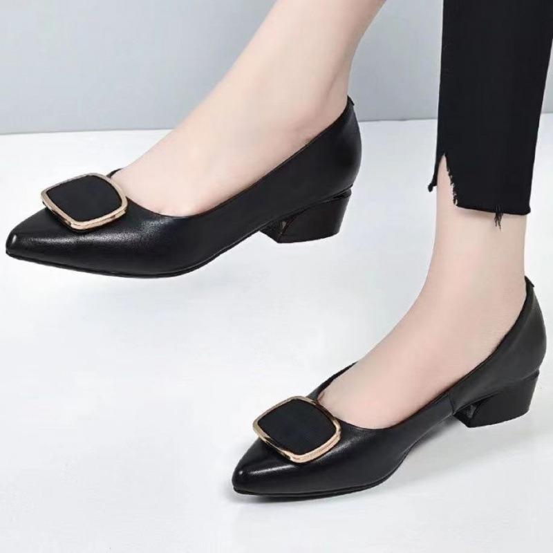 Pantofi single cu toc gros și gură joasă pantofi de damă primăvară cataramă metalică talpă moale pantofi din piele cu vârf pantofi pentru mamă talpă moale confortabili