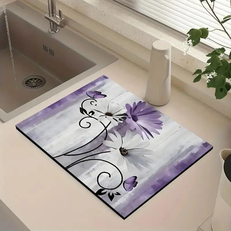 Rustic Floral Kitchen Counter Dish Drying Mat Super Absorbent Quick-Dry Non-Slip Rubber Backing Stain-Hiding for Coffee Machines