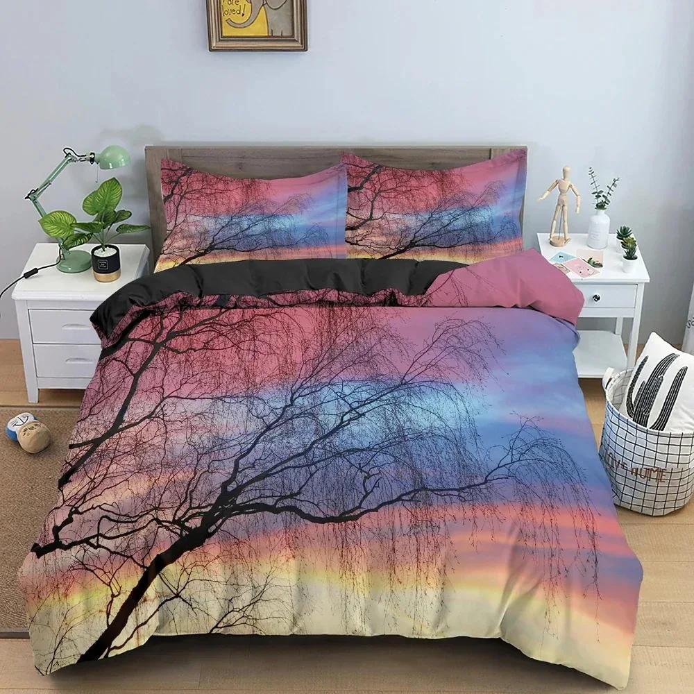 Top 3D Landscape Duvet Cover Bedroom Decor Luxury Bedding Set Tree Silhouette Against Sunset Sky Quilt Cover King Twin Single