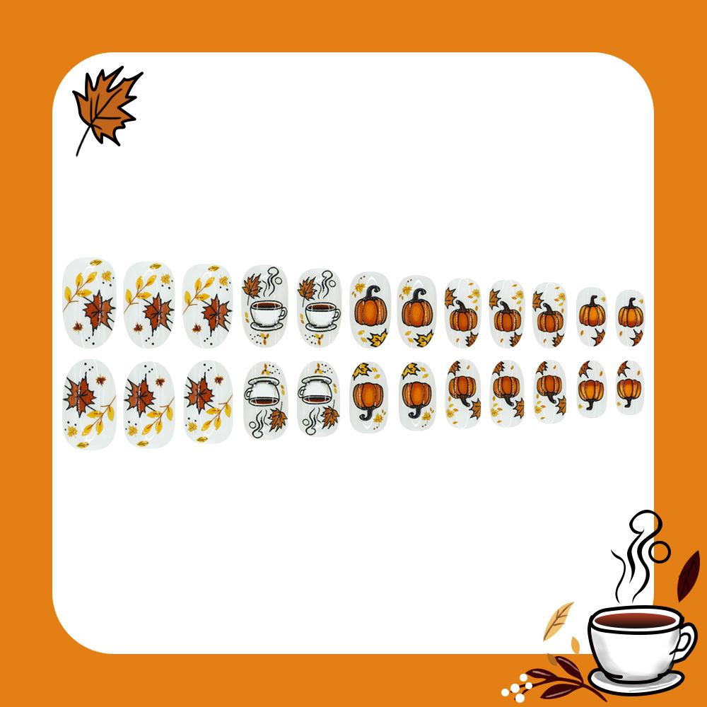 Halloween Press On Nails 24pcs Cute Pumpkin Maple Leaf Fake Nails Autumn False Nail with 1 Jelly Glue and 1 Nail File