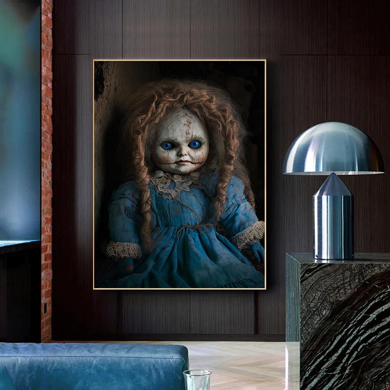 Vintage Gruselige Puppe Poster Blondes Haar Rissiges Gesicht Gotische Verfluchte Puppe Drucke Leinwandbild Wandbild Heim Wohnzimmer Dekor