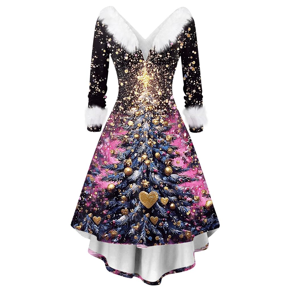 Women's Fashion Elegant Autun And Winter Long Sleeve V-Neck Christmas Print Dress