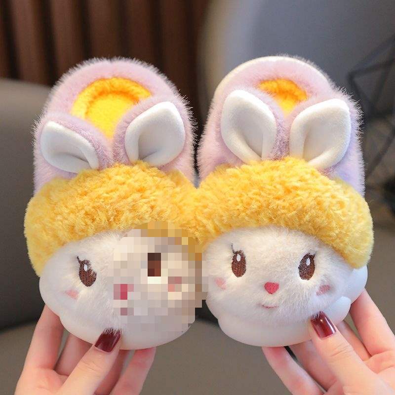 Girls cotton slippers autumn and winter children cute rabbit plush cotton mop boy baby winter indoor thickened bag heel cotton shoes
