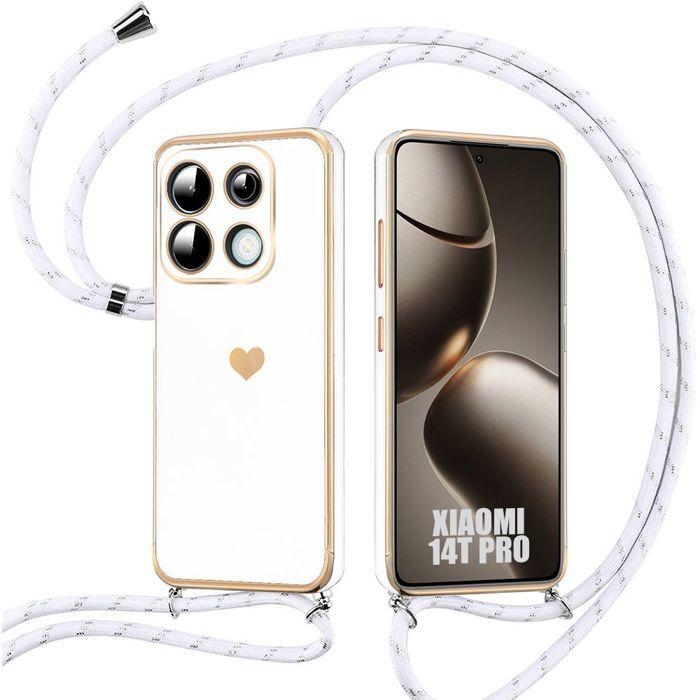 Coque pour Xiaomi 14T Pro - Silicone Antichoc Anti-Rayures avec Bandoulière - Blanc