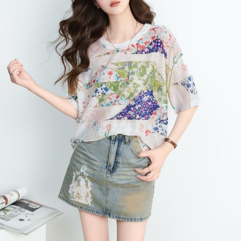 DIMANAF 2026 Plus Size Summer Beach Women T-Shirts Casual Lady Tops Tees Shirt Oversize Loose Floral Print Tunic Knitted