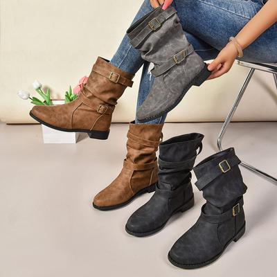 Herbst- und Winterschuhe in Übergröße, bequeme Damenschuhe und Stiefel mit rundem Kopf und flacher Unterseite und Gürtelschnalle