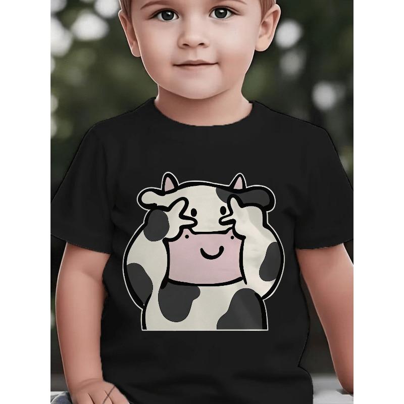 European Sizes Baby Boy Short-Sleeved Spring, Summer And Autumn Cartoon Cow Cute Face Peace Sign Print Casual T-Shirt