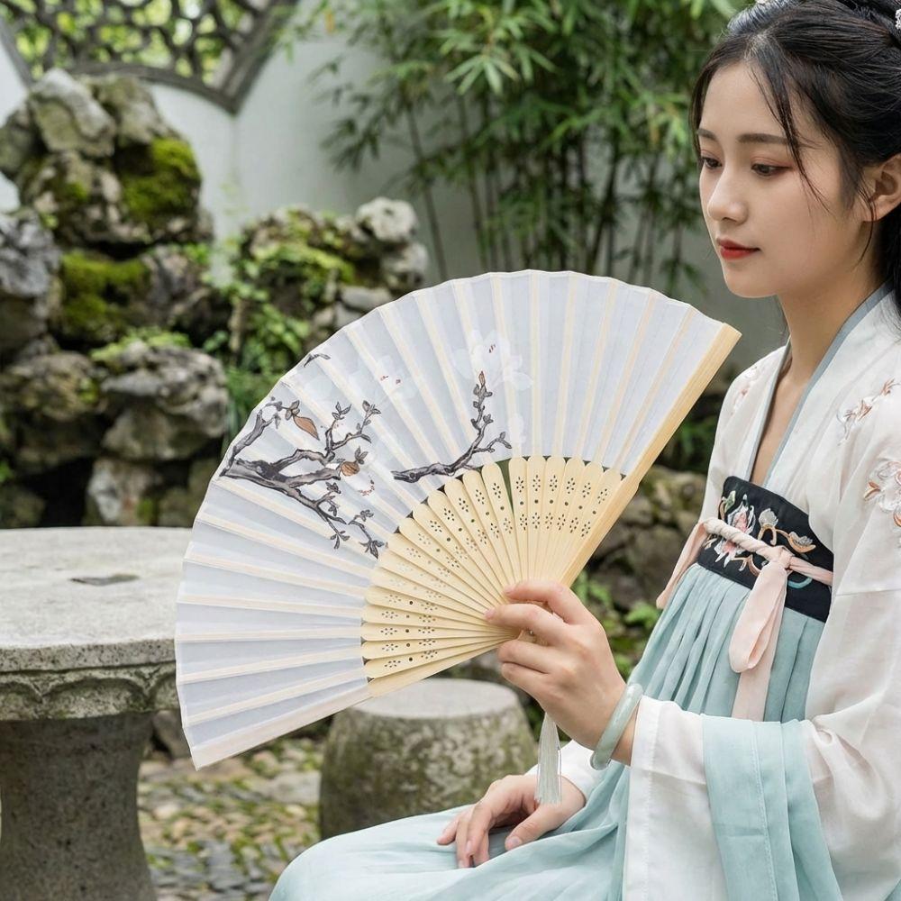 Antique Traditional Dance Fan Bamboo Frame Handheld Fan Elegant Folding Fan  Cheongsam Matching