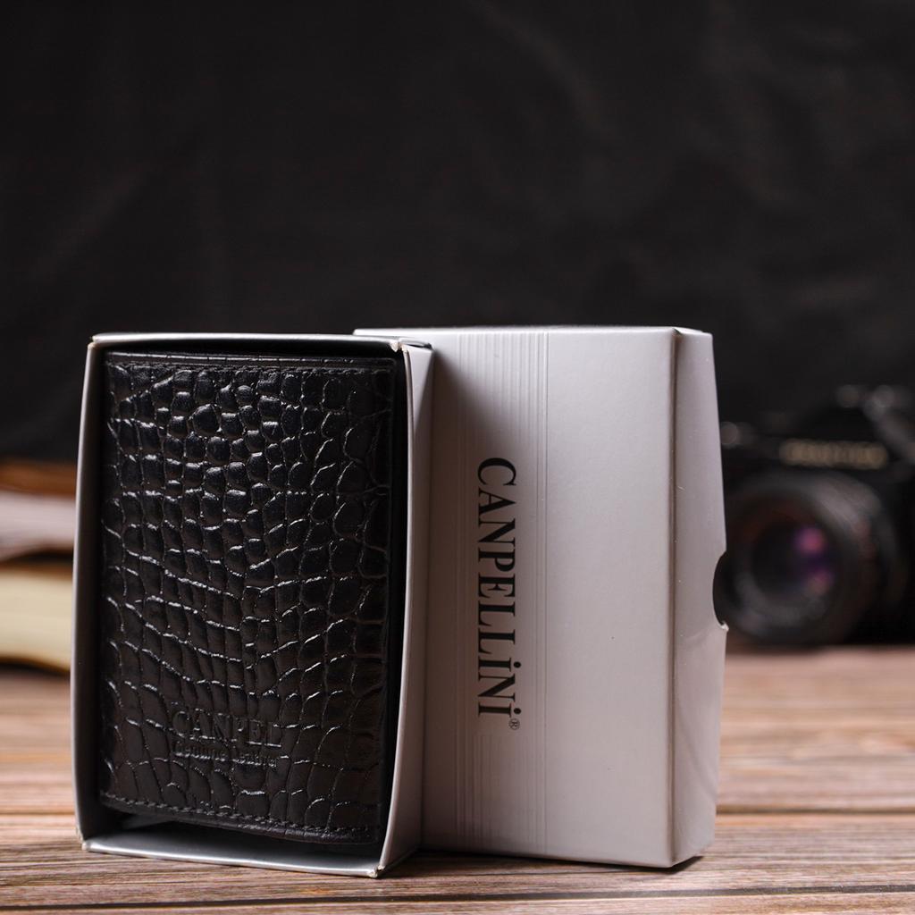 Unisex Tri-fold Automatic Cardholder Made of Genuine Leather with Crocodile Effect CANPELLINI 21930 Black