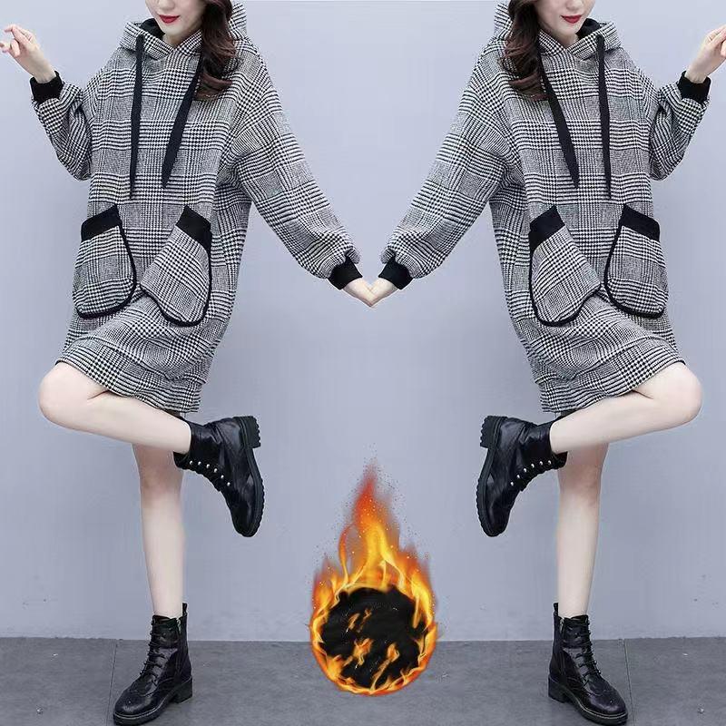 

Плюс бархат утолщенный теплый клетчатый свитер средней длины для женщин среднего возраста, блузка, осенне-зимнее платье больших размеров средней длины XS белый