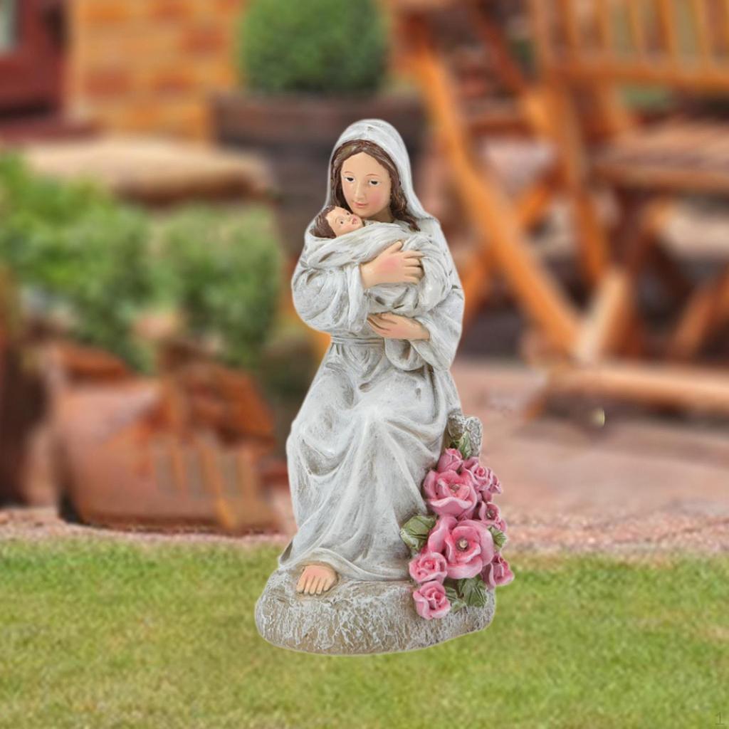Mary Figurine Garden Light Lamp Resin Sculpture Jesus Statue for Altar Entryway Walkway