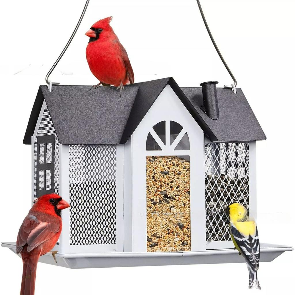 Vibrant Red Metal Bird Feeder House - Triple Feeding Station with Weather-Resistant Design, Attracts Cardinals, Sparrows